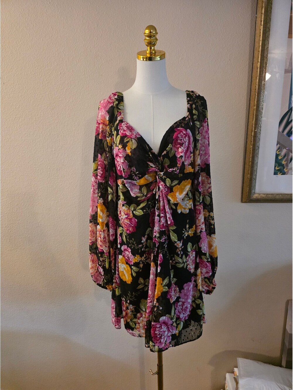 ASOS DESIGN US 14 Black Floral Dobby Mesh Long Sleeve Open Back Mini Dress